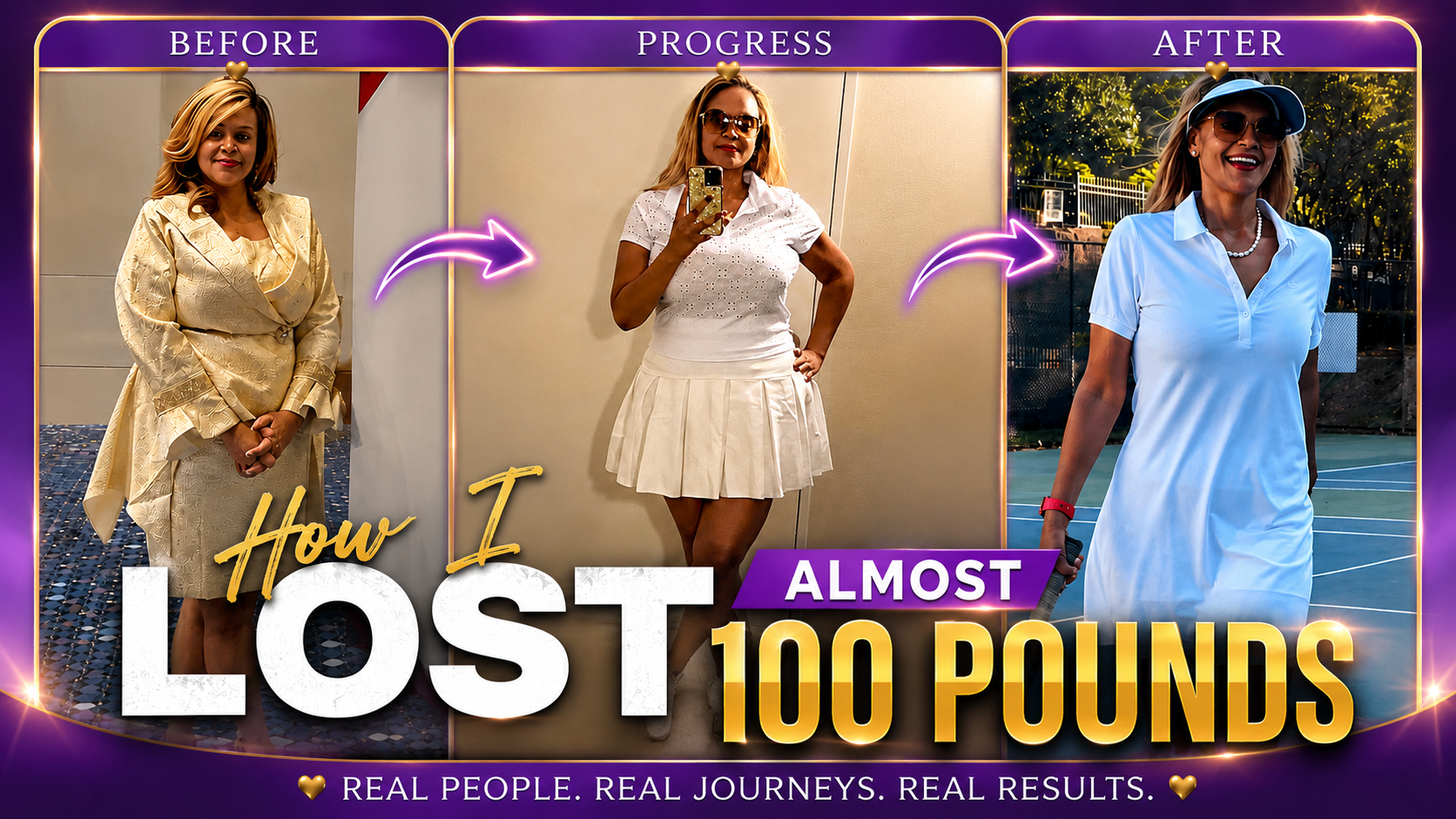 Founder Sharelle D. Lowery — before, progress, and after nearly 100-pound weight loss transformation